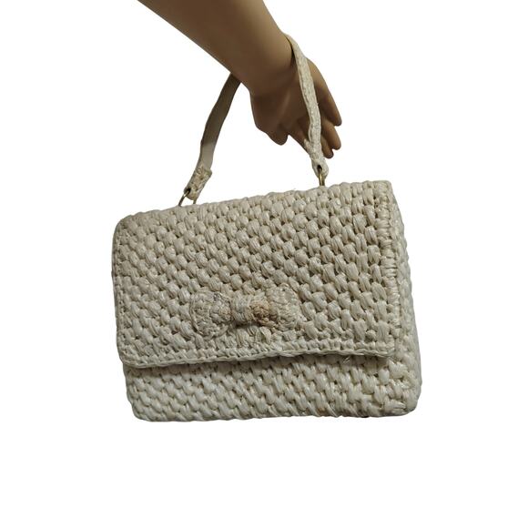 1970s Raffia Cream Top Handle Fold Over Rectangle Handbag Bag  Made In Japan - Picture 1 of 7